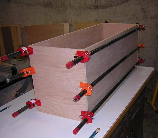 Gluing up the plywood box carcass.