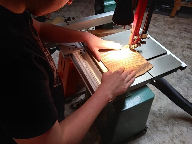 Cutting the piece of zebrawood that will be the headstock face.