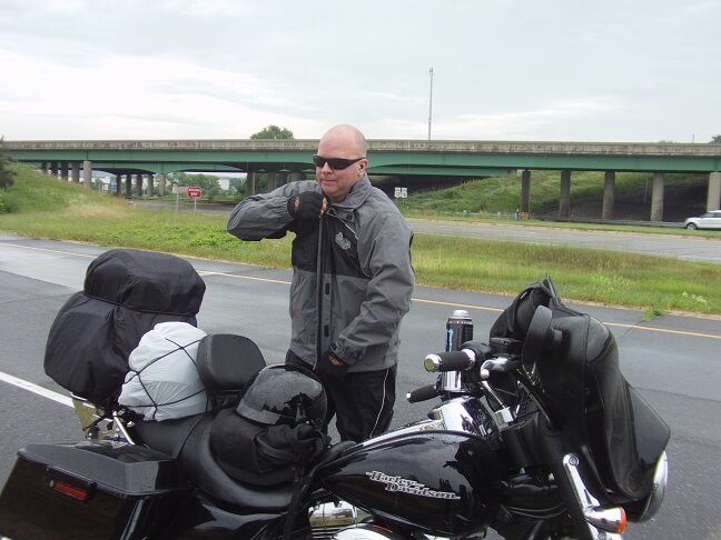 Putting on our rain gear in Wisconsin.