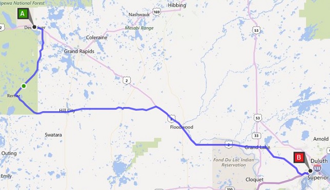 The route we rode from Deer River, MN to Duluth, MN.