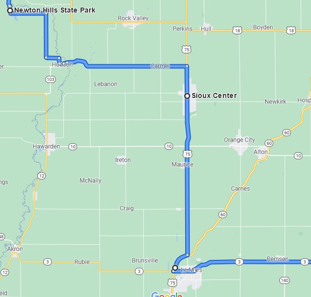 Map of Newton Hills State Park to LeMars, IA