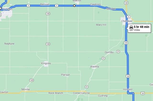 Map of LeMars, IA to Holstein, IA