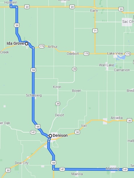 Map of Holstein, IA to Denison, IA