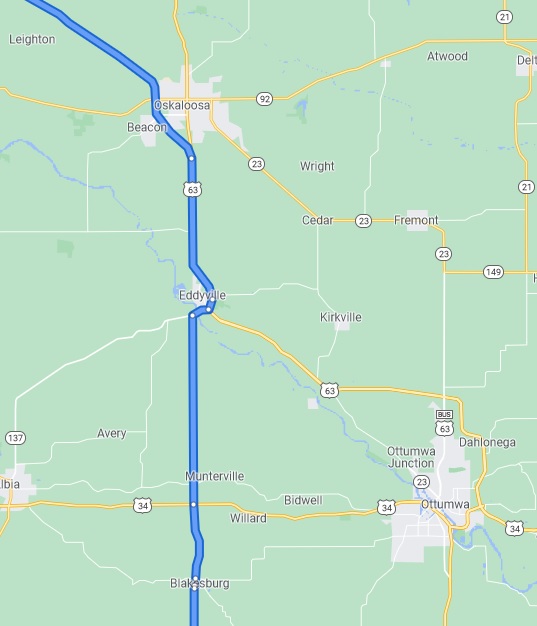 Map of Oskaloosa, IA to Blakesburg, IA