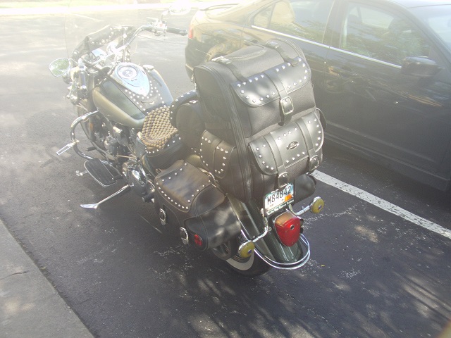 The motorcycle packed and loaded for the journey.