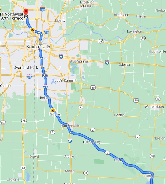 Map of Clinton, MO to Kansas City, MO