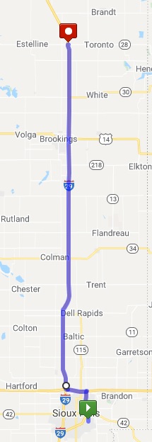 A map of the portion of the morning I rode on I-29 north of Sioux Falls, SD.