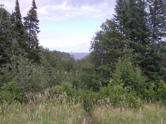 A distant view of Split Rock Lighthouse on Lake Superior.