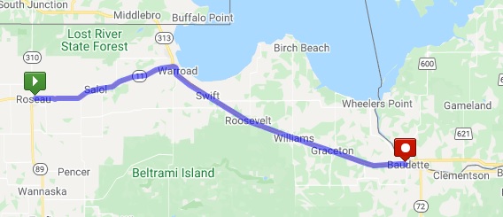 Map of the route from Roseau, MN to Baudette, MN.