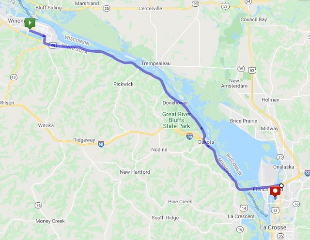 Map of the route from Winona, MN to La Crosse, WI