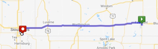 Map of interstate 90 from Fairmont, MN to Sioux Falls, SD