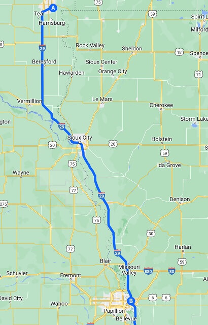 Map of the route I rode from Sioux Falls, SD to Council Bluffs, IA.