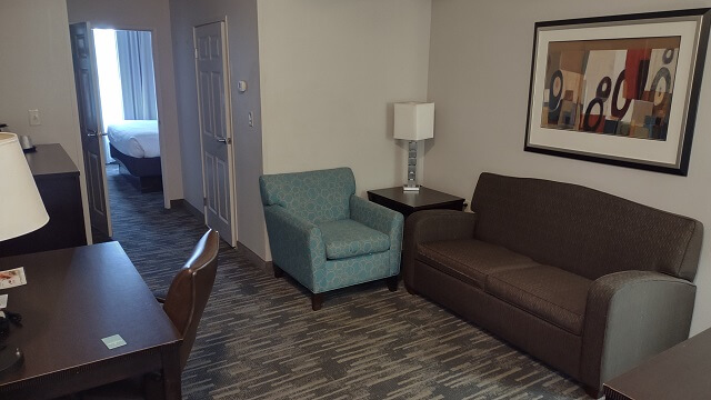 The living area of my hotel room at the Country Inn in Evansville, IN.