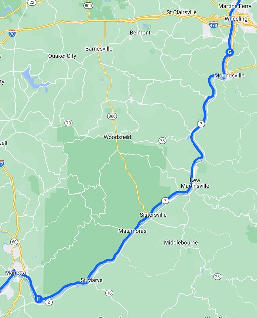 Map of the route I rode from Marietta, OH to Wheeling, OH.