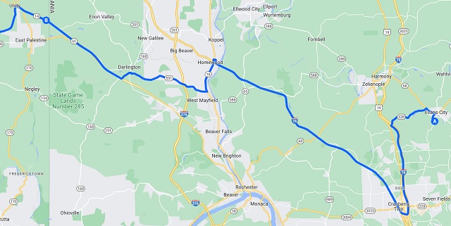 Map of the route I rode from Evans City, PA to East Pallestine, OH.
