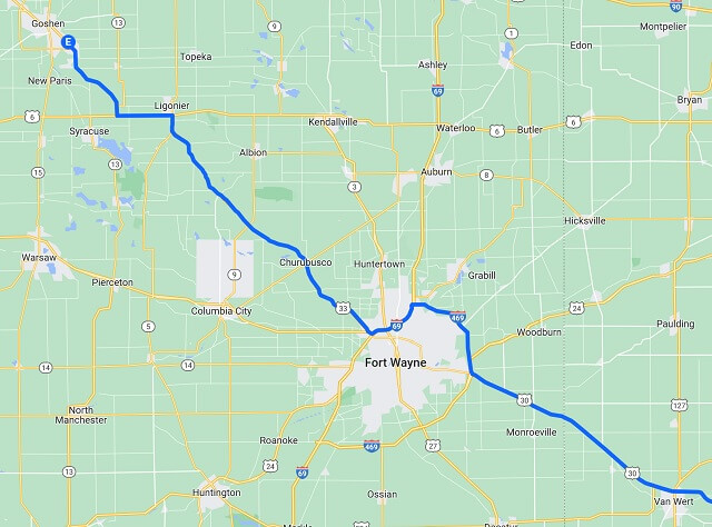 Map of the route I rode from Van Wert, OH to Goshen, IN.