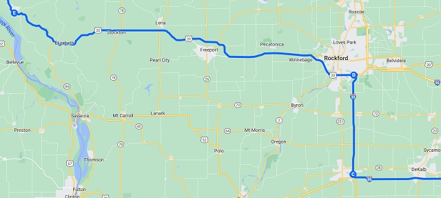 Map of the route I actually rode from Joliet, IL to Galena, IL.