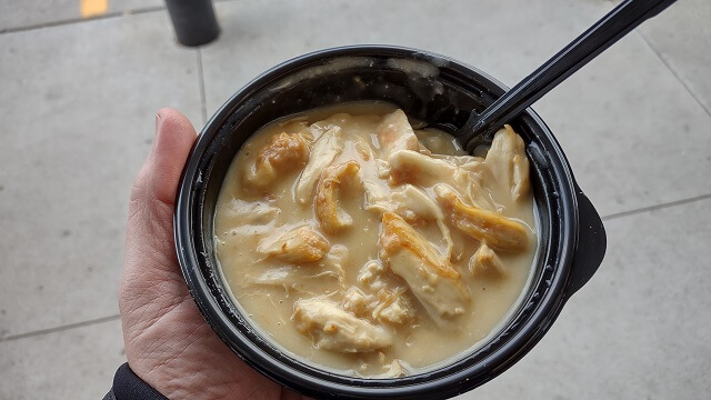 Eating the chicken and mashed potatoe bowl.