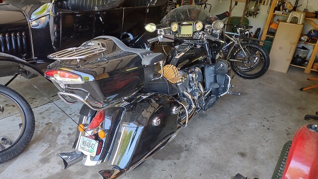 The motorcycle finally at home safe in the garage.