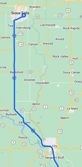 The map of the route I rode from Sioux Falls, SD to Sargent Bluff, IA.