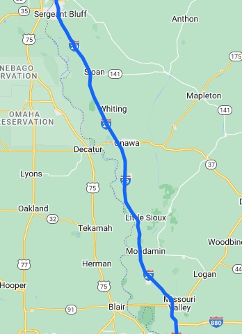 The map of the route I rode from Sargent Bluff, IA to Missouri Valley, IA.