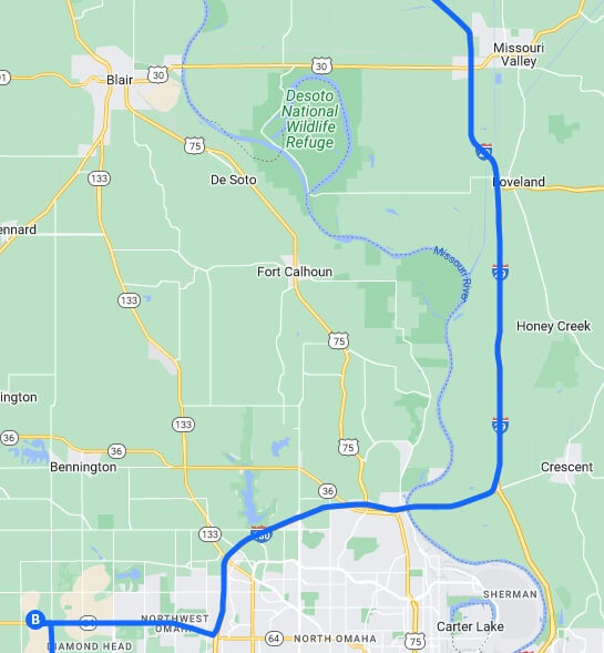 The map of the route I intended to ride Missouri Valley, IA to Dillon Brothers Motorsports in Omaha, NE.