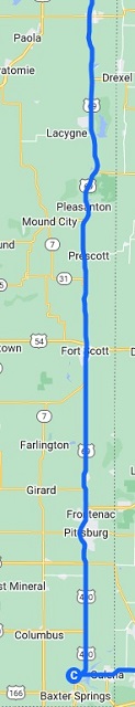 The map of the route I rode from Louisburg, KS to the Rainbow Bridge in KS
