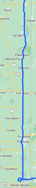 The map of the route I rode from Louisburg, KS to the Rainbow Bridge in KS