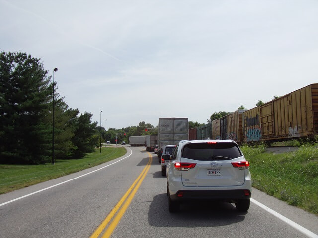 A railroad crossing on the east side of Springfield, MO.