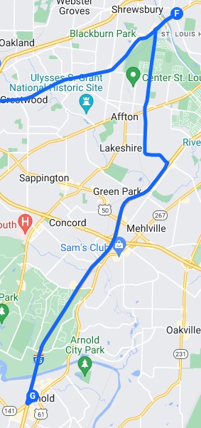 The map of the route I rode from Ted Drewes Frozen Custard in St. Louis, MO to Arnold, MO.