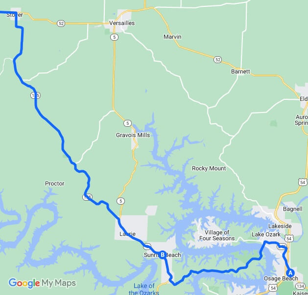 Map of the route I rode from Lake Of The Ozarks, MO to Stover, MO.