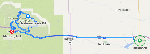 Dickinson to Teddy Roosevelt National Park.