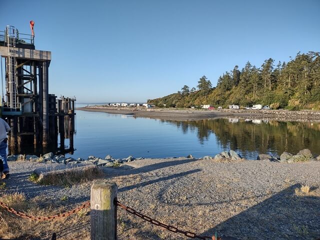 The Fort Casey campground as viewed from the ferry parking lot.
