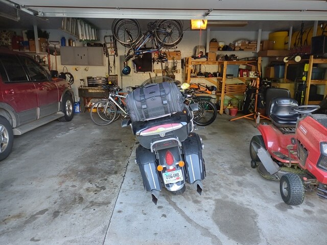 My motorcyle at home in the garage.
