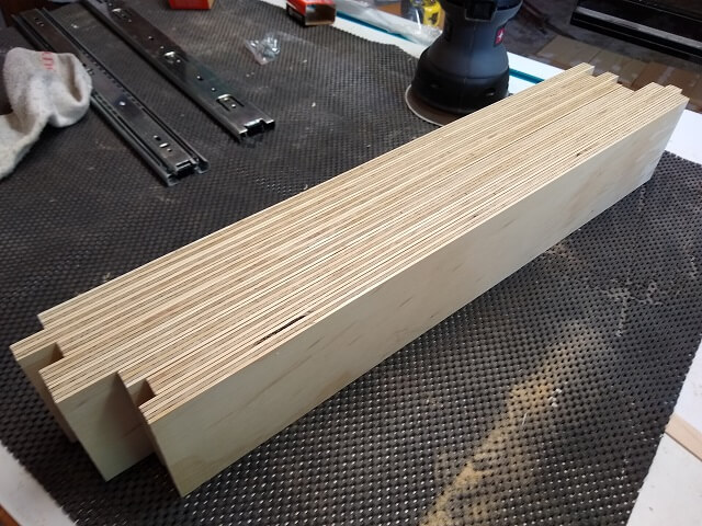 The eight pieces of plywood that will make up the drawer sides.