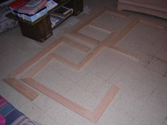 The five individual layers of crown molding after being glued.